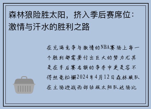 森林狼险胜太阳，挤入季后赛席位：激情与汗水的胜利之路